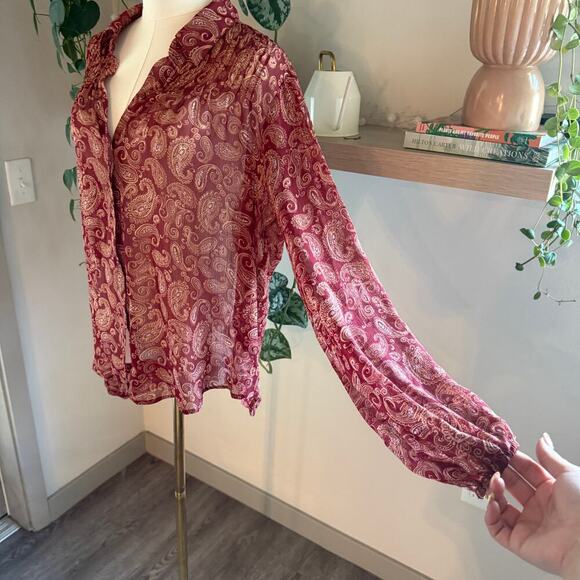 Express Burgundy Paisley Long Sleeve Sheer Button Front Blouse Large Office Fall - Picture 5 of 7